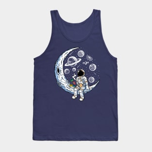 Astronaut Sitting on a Crescent Moon with Coffee & Donuts Tank Top